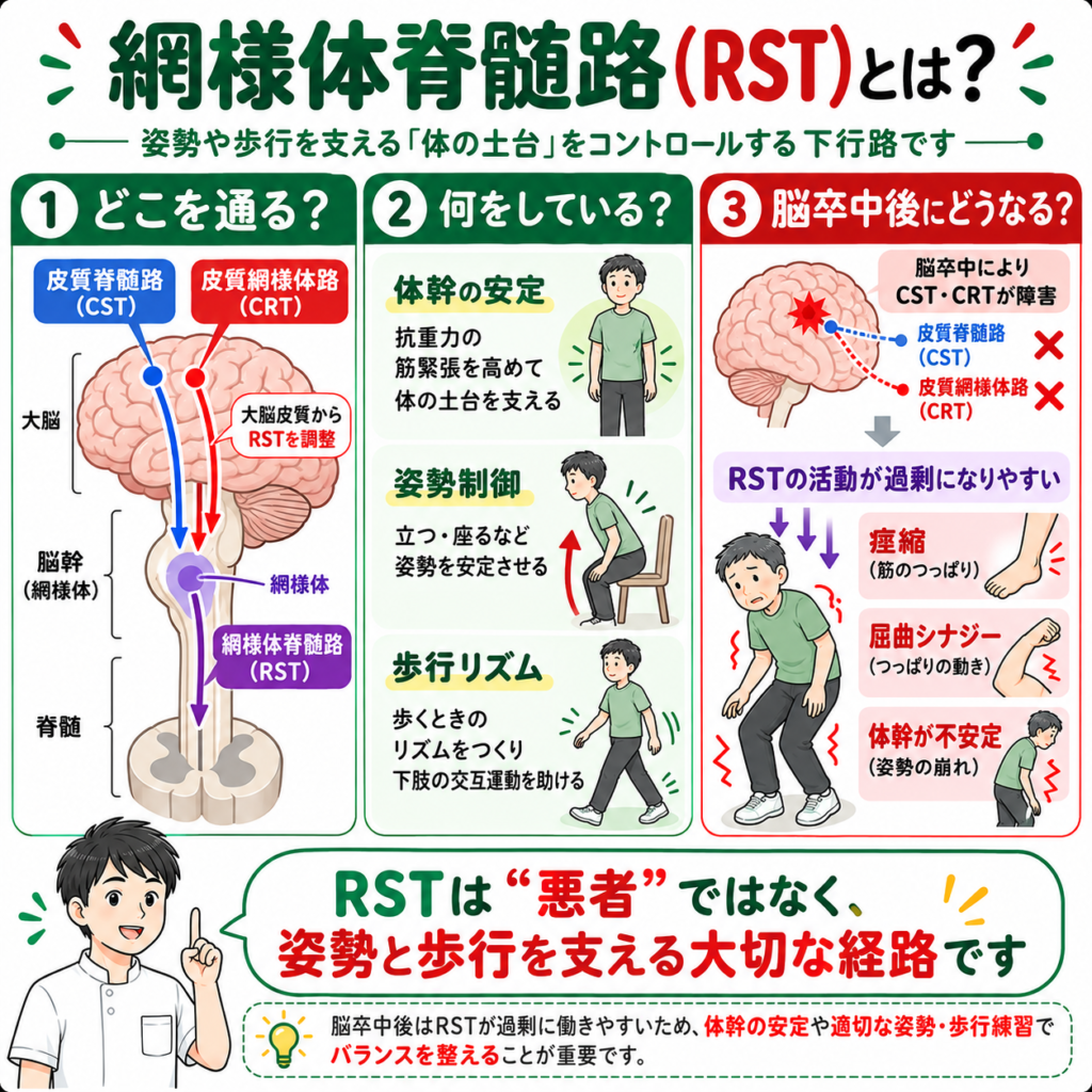 網様体脊髄路RSTの走行と姿勢制御・歩行機能、脳卒中後の変化を示す図解