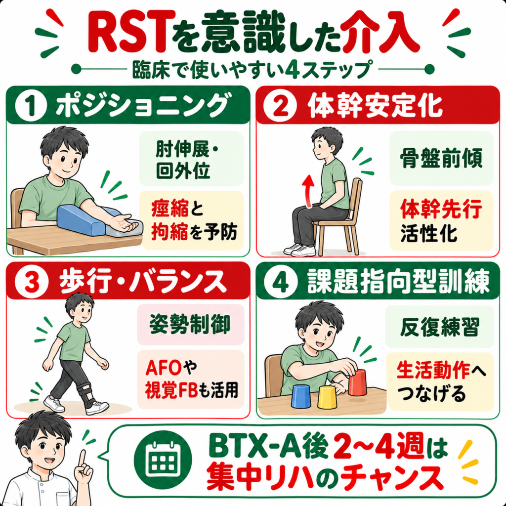 網様体脊髄路を意識したポジショニング・体幹安定化・歩行・課題指向型訓練の図解