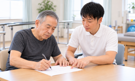 ゲルストマン症候群による失書に対して、セラピストが患者の書字練習を支援するリハビリ場面