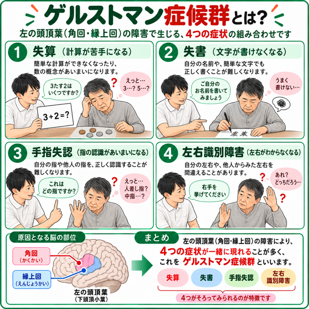 ゲルストマン症候群の4大症状である失算・失書・手指失認・左右識別障害と左頭頂葉の関係を示した図解