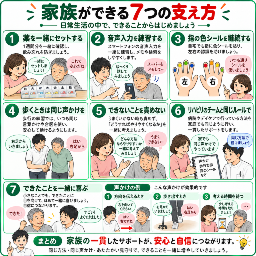ゲルストマン症候群の患者に対して家族ができる服薬管理・音声入力・左右識別など7つの支援方法を示した図解