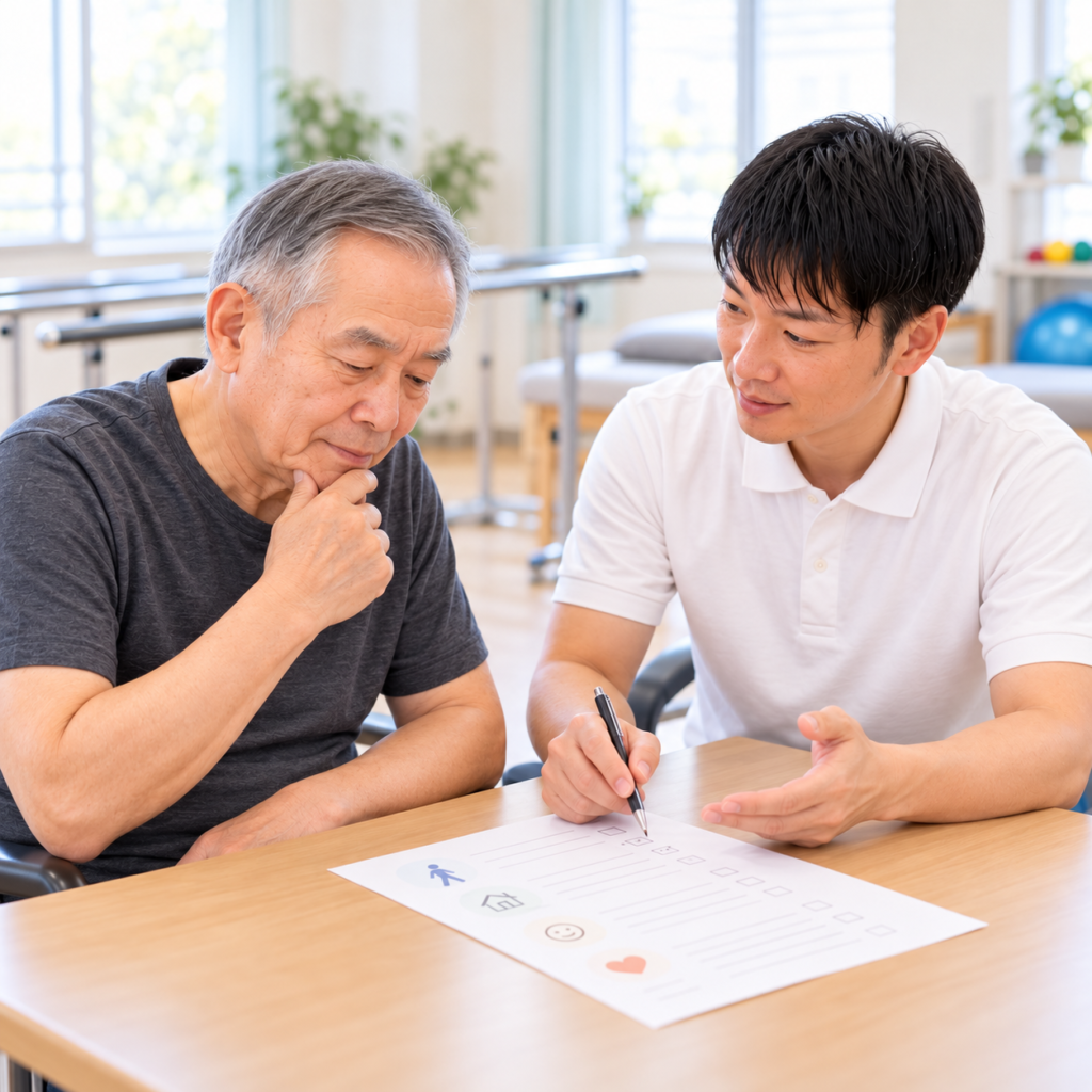 脳卒中後のQOL評価としてSISスコアについてセラピストと患者が相談する様子