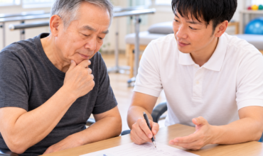 脳卒中後のQOL評価としてSISスコアについてセラピストと患者が相談する様子