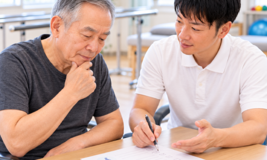 脳卒中後のQOL評価としてSISスコアについてセラピストと患者が相談する様子