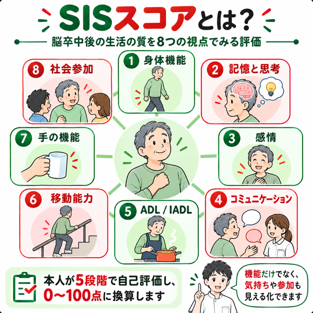 SISスコアで評価する身体機能・記憶と思考・感情・コミュニケーション・ADL・移動能力・手の機能・社会参加の8領域