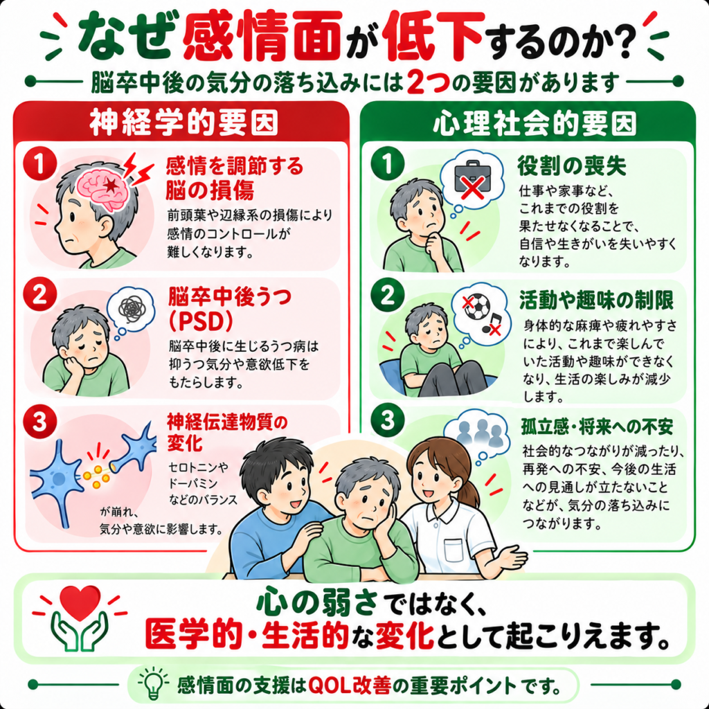 脳卒中後の感情面低下に関わる神経学的要因と心理社会的要因を示す図解