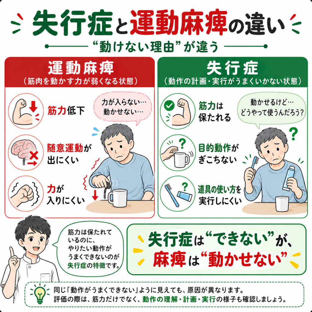 失行症と運動麻痺の違いを筋力・随意運動・目的動作・道具使用から比較した図解