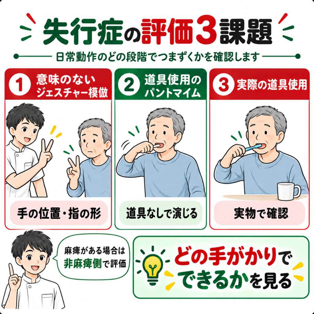 失行症評価の3課題であるジェスチャー模倣・道具使用パントマイム・実際の道具使用を示した図解