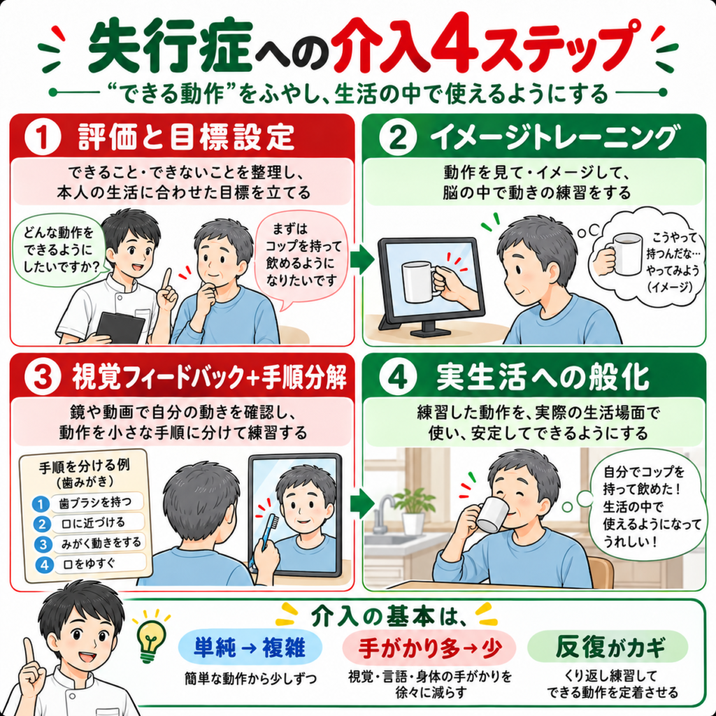 失行症への介入を評価と目標設定・イメージ訓練・視覚フィードバック・実生活への般化の4段階で示した図解