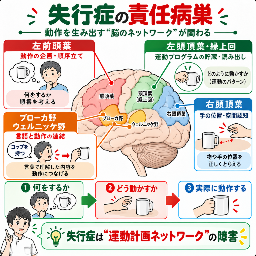 失行症に関わる左前頭葉・左頭頂葉・縁上回・言語野・右頭頂葉の役割を示した脳ネットワーク図解