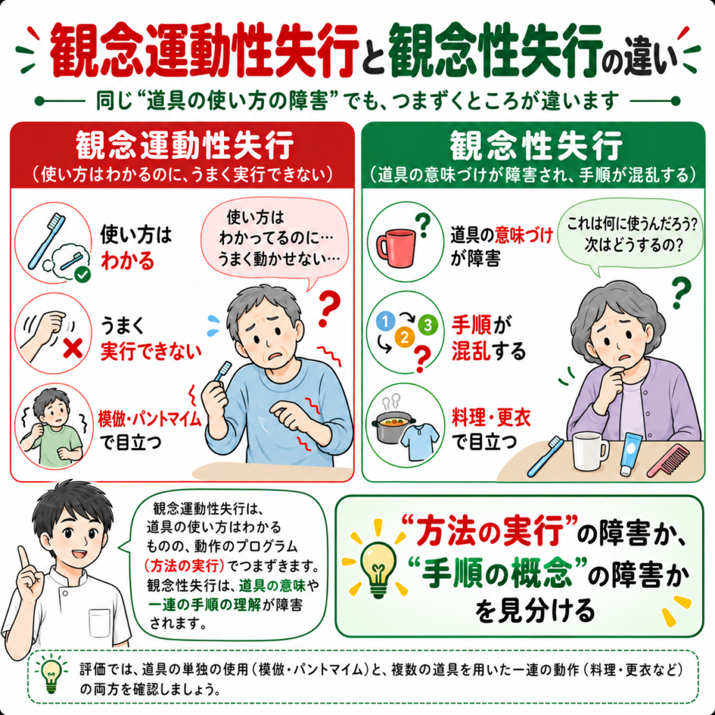 観念運動性失行と観念性失行の違いを道具使用・パントマイム・手順動作から比較した図解