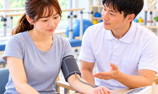 パーキンソン病の起立性低血圧による立ちくらみに対し、理学療法士が患者の立ち上がりを支援するリハビリ場面