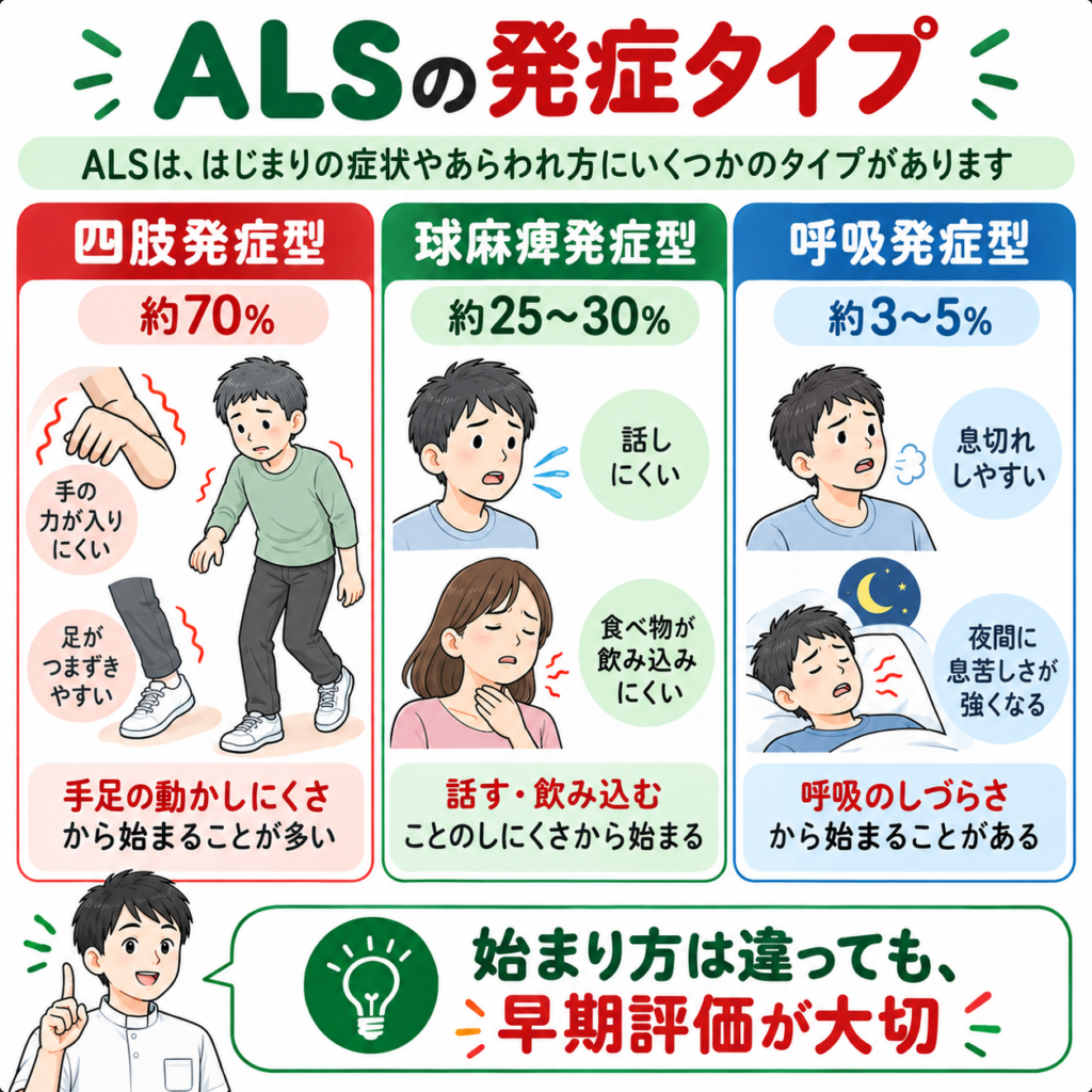 ALSの四肢発症型・球麻痺発症型・呼吸発症型の特徴と主な初期症状の比較
