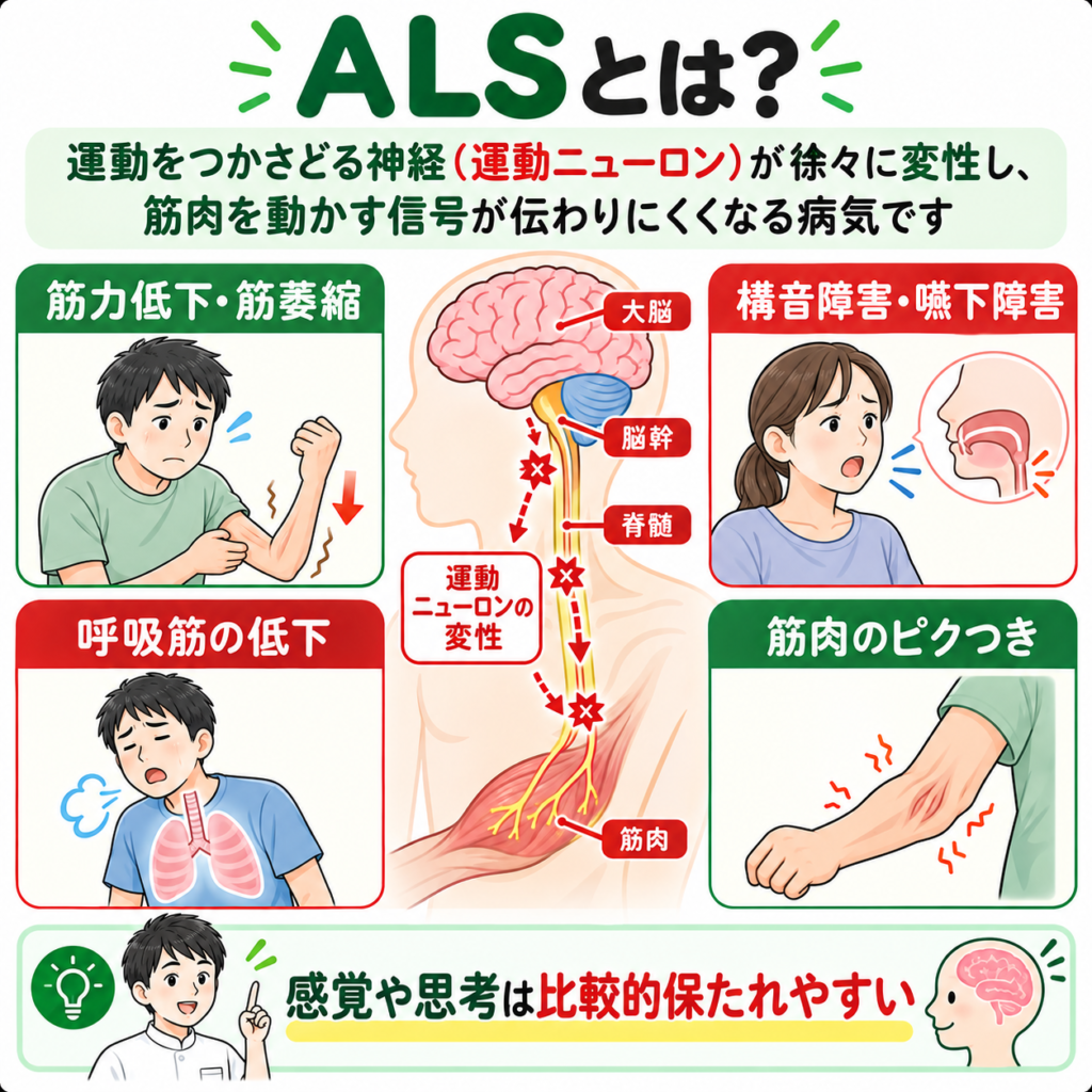 ALSで運動ニューロンが障害され、筋力低下・嚥下障害・呼吸筋低下・筋肉のピクつきが生じる仕組み