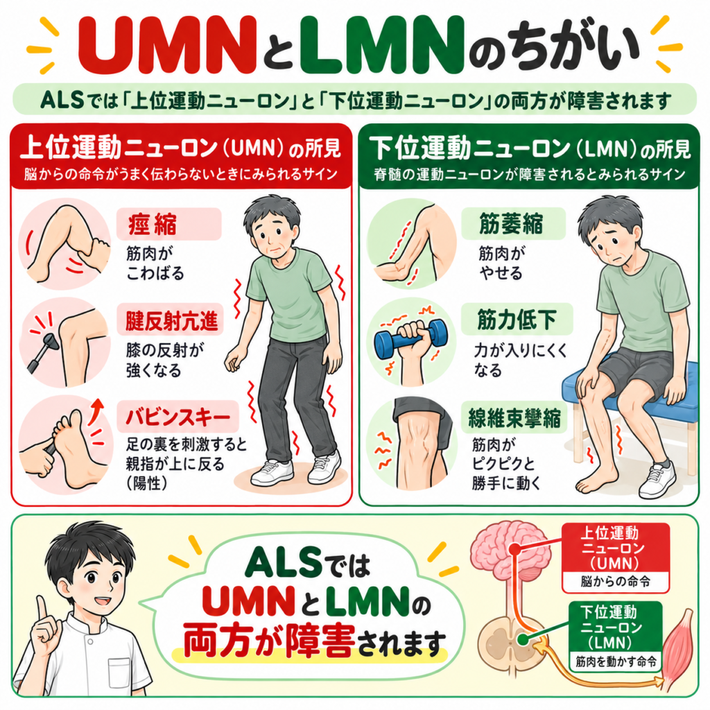 ALSにおける上位運動ニューロン障害と下位運動ニューロン障害の症状の違い