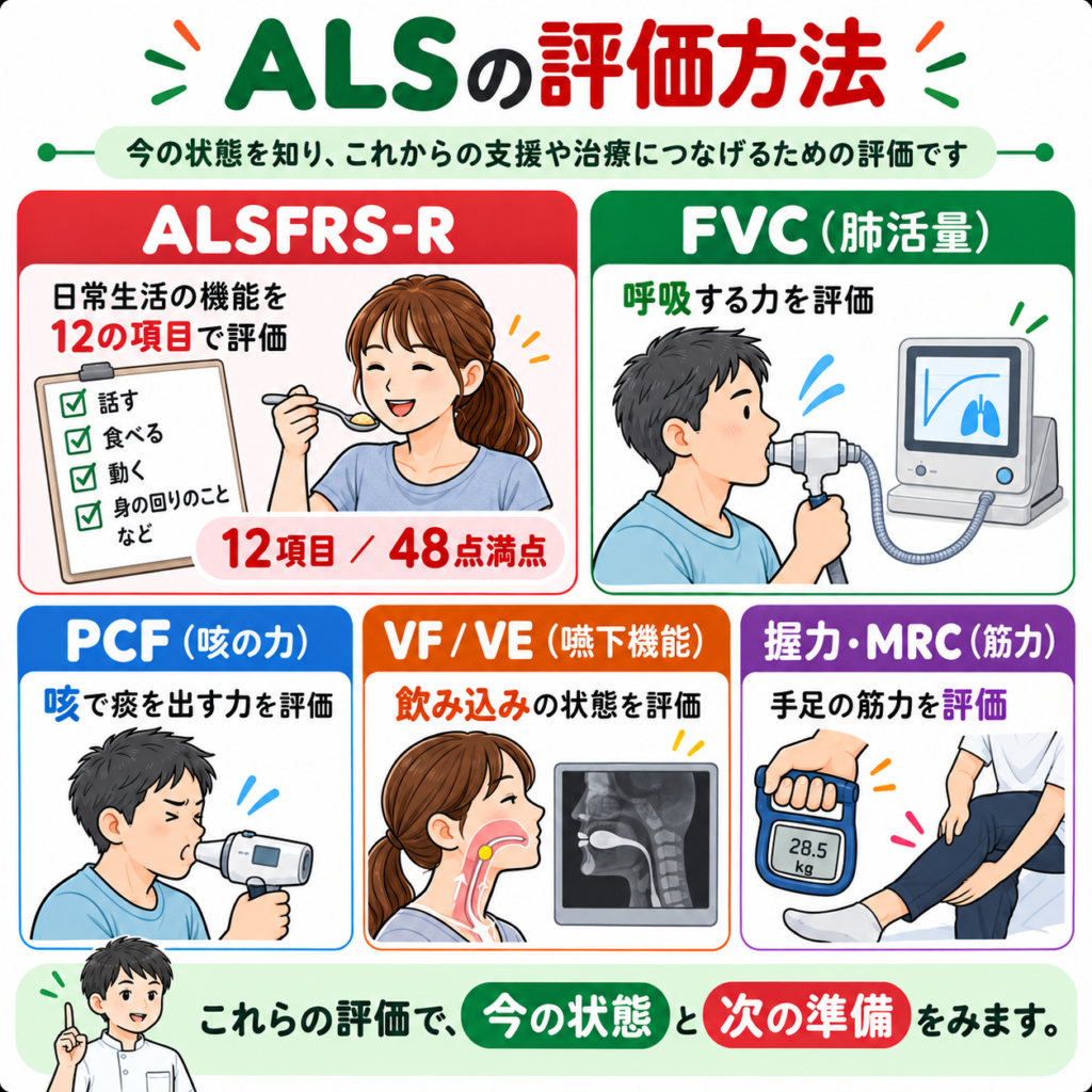 ALSFRS-R・FVC・PCF・VF・VE・握力・MRCによるALSの機能評価方法