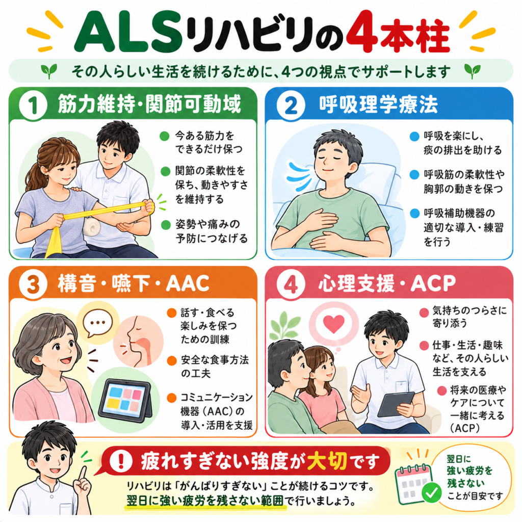 ALSリハビリにおける筋力維持・呼吸理学療法・嚥下とAAC支援・心理支援とACPの4本柱