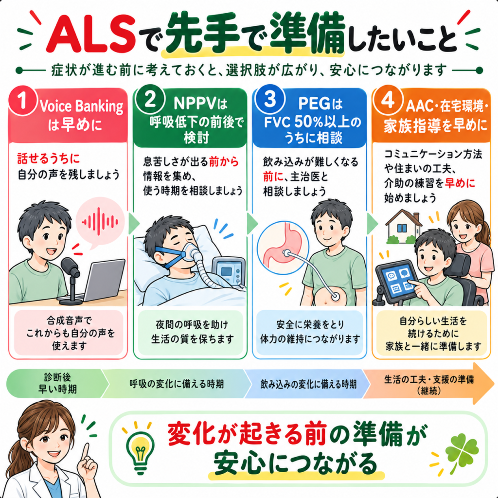 ALSで早期に準備したいVoice Banking・NPPV・PEG・AAC・在宅環境と家族支援の流れ