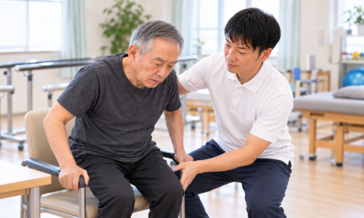 筋ジストロフィーによる筋力低下に対して、理学療法士が患者の立ち上がり動作を支援するリハビリ場面