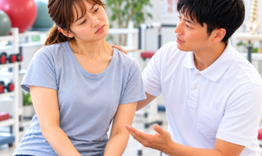 頸部ジストニアで首が不随意に傾く患者を理学療法士が評価するリハビリ場面