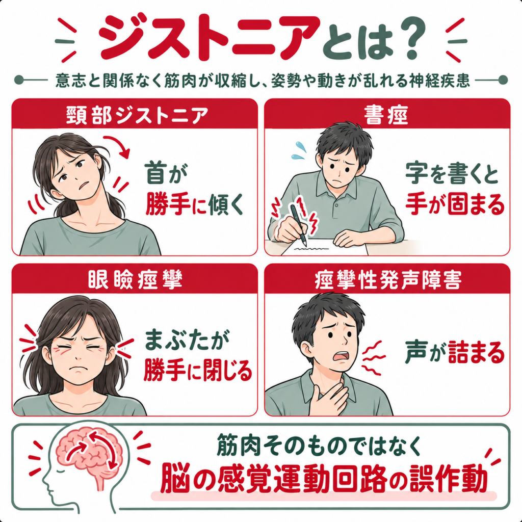 ジストニアの主な症状である頸部ジストニア・書痙・眼瞼痙攣・痙攣性発声障害を示す図解