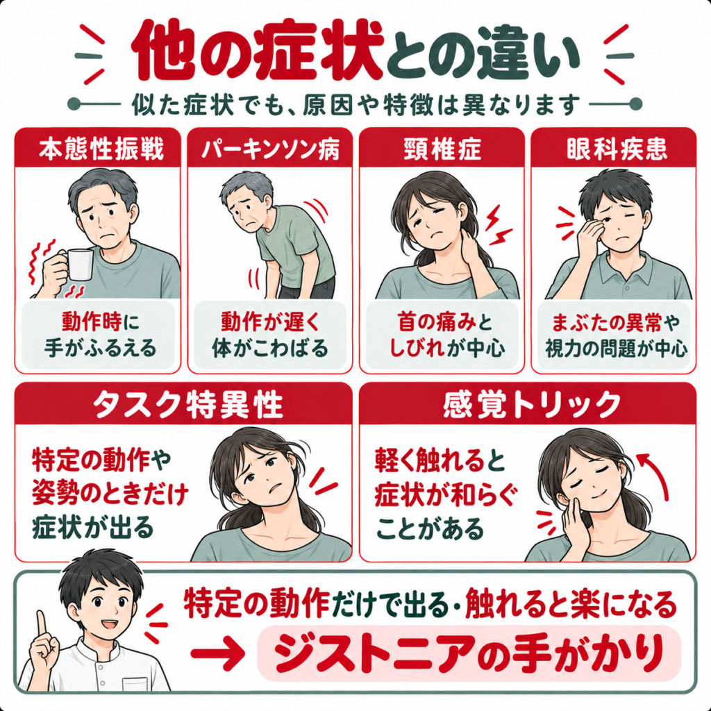 ジストニアと本態性振戦・パーキンソン病・頸椎症・眼科疾患の違いを比較した図解