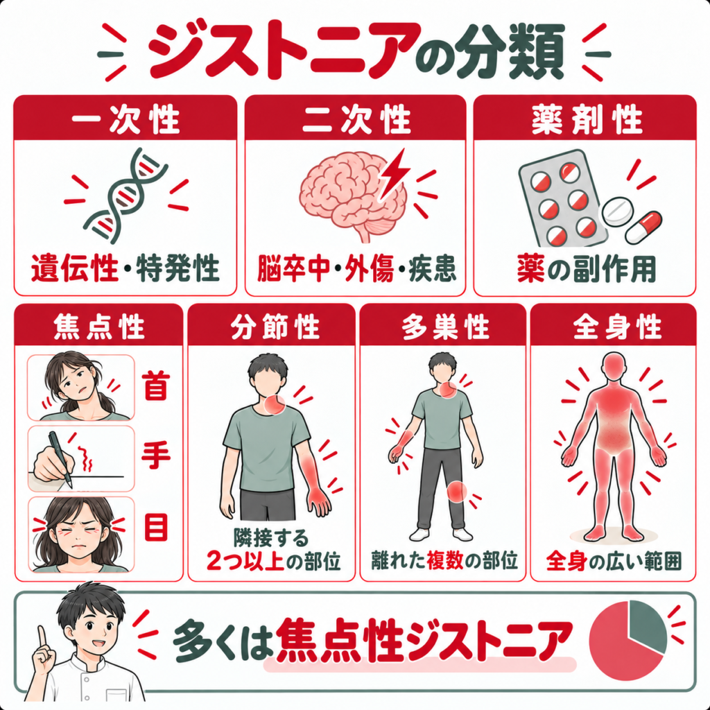 一次性・二次性・薬剤性と焦点性・分節性・多巣性・全身性ジストニアの分類図