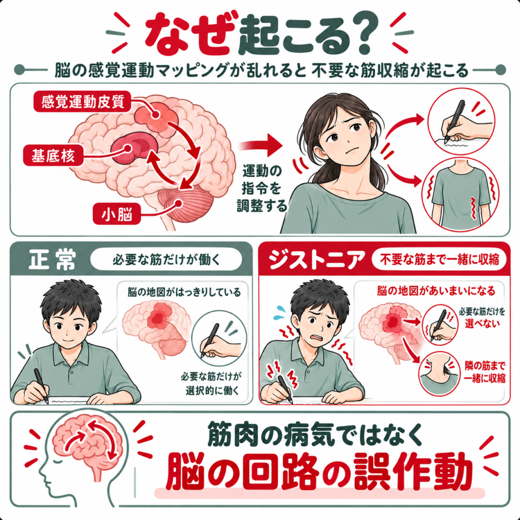 ジストニアで基底核・感覚運動皮質・小脳の連携が乱れ不要な筋収縮が起こる仕組みの図解