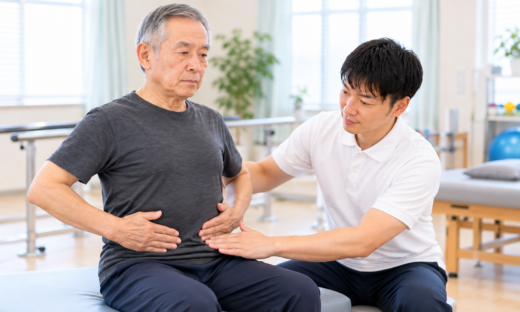 腹横筋の活性化を座位で指導する理学療法士と高齢患者
