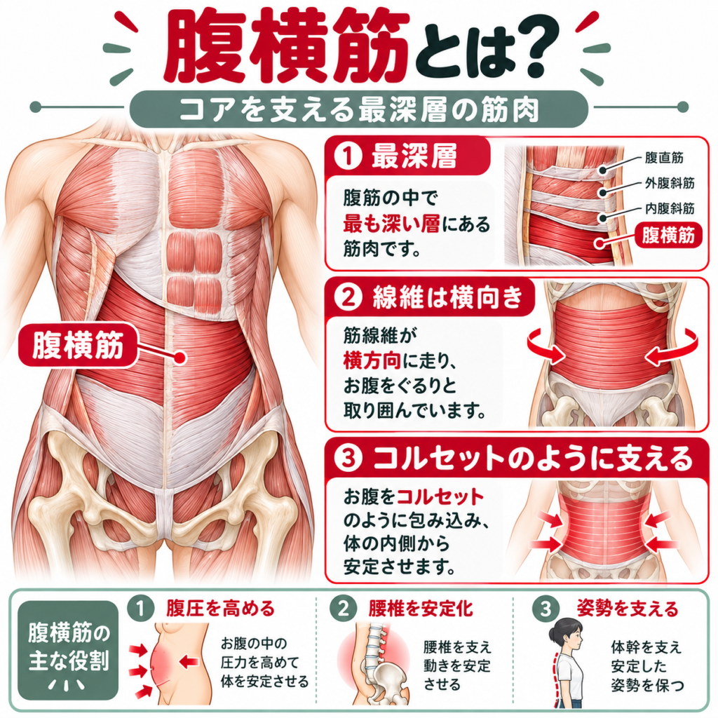 腹横筋の位置と最深層・横方向の筋線維・コルセット機能を示す解剖図