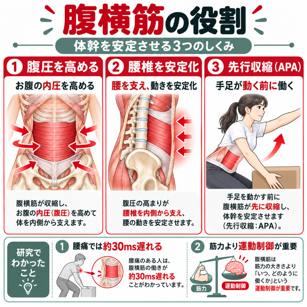 腹横筋の腹圧上昇・腰椎安定化・先行収縮APAの3つの役割を示す図解