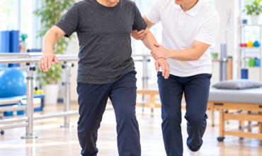 脊髄小脳変性症の患者に歩行・バランス訓練を行う理学療法士