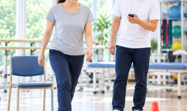 TUGテストを実施する患者とストップウォッチで計測する理学療法士