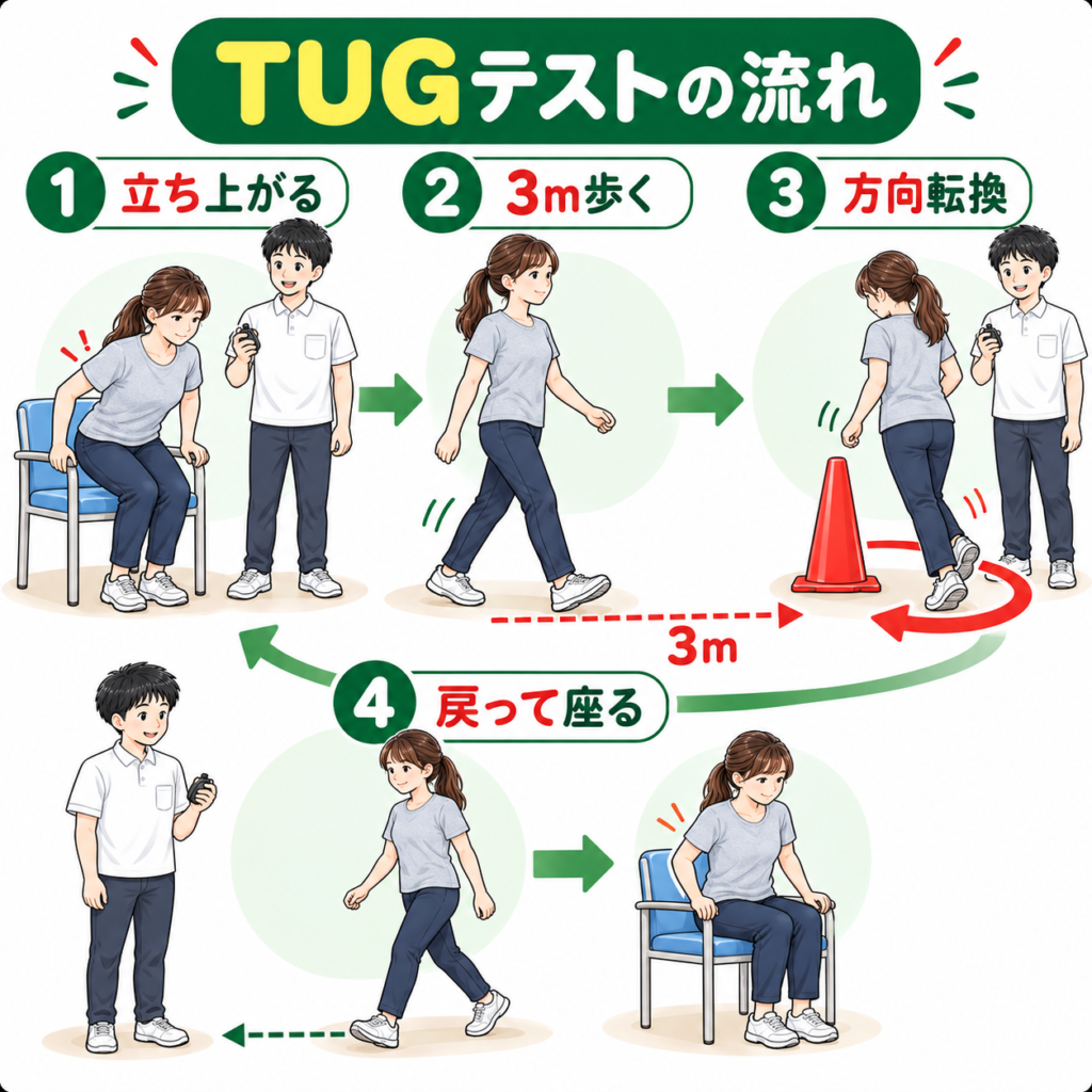 TUGテストの実施手順|椅子から立ち上がり3m歩行・方向転換・着座まで