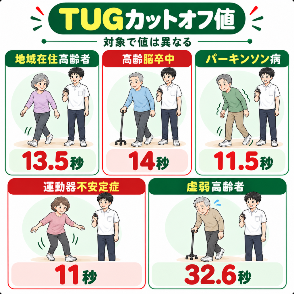 TUGテストのカットオフ値を対象別に示した図|高齢者・脳卒中・パーキンソン病など