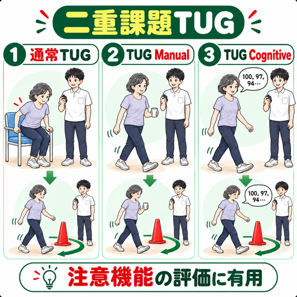 通常のTUGテスト・TUG Manual・TUG Cognitiveの違いを示した図解