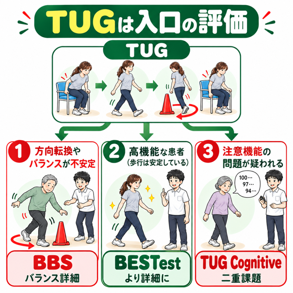 TUGテストの結果からBBS・BESTest・TUG Cognitiveへつなげる臨床評価フロー