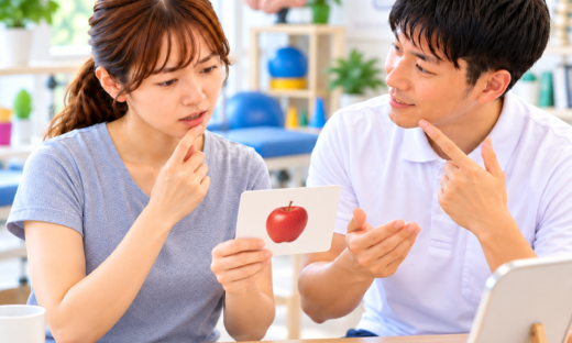 ブローカ失語症患者が絵カードを見ながら言葉を出す練習をする言語リハビリ場面