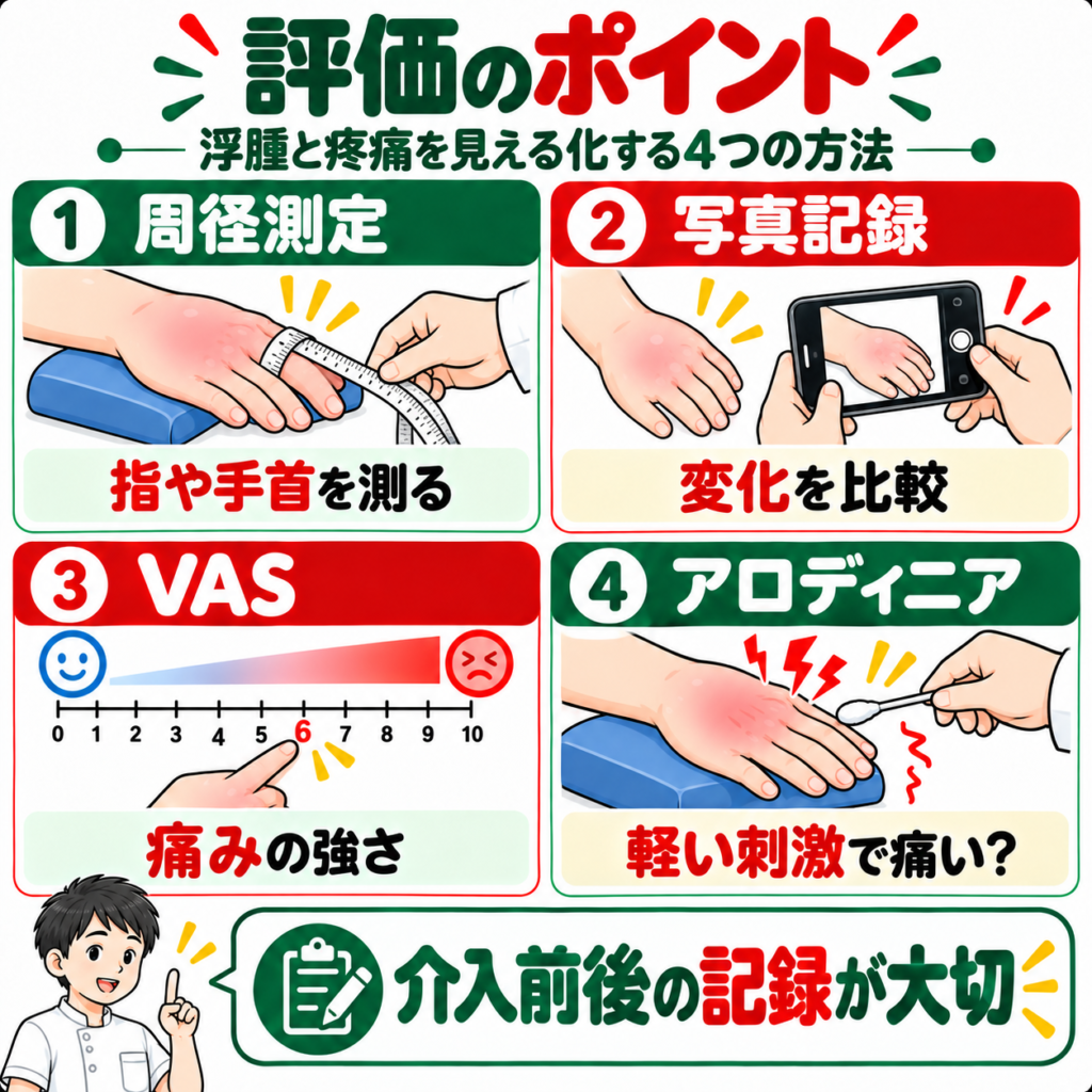 手指の浮腫を周径や写真で記録し、痛みや触刺激への反応も確認する評価の図解