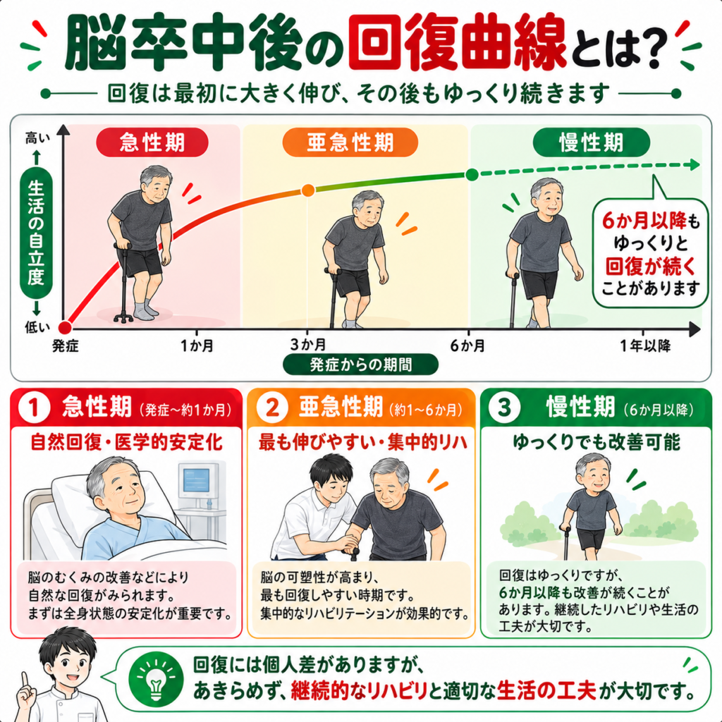脳卒中後の回復曲線を急性期・亜急性期・慢性期に分けて示し、発症6か月以降も改善が続く可能性を解説した図