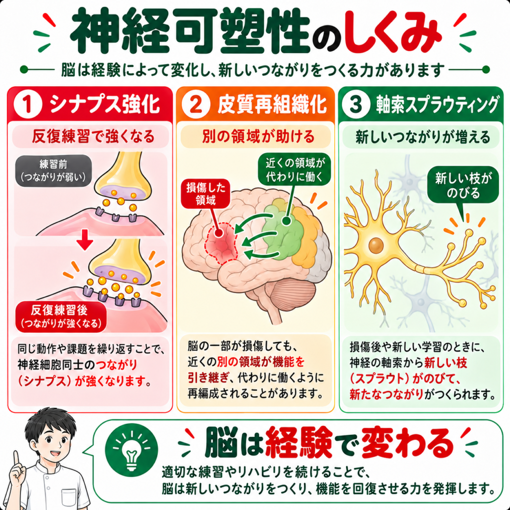 脳卒中後の神経可塑性を支えるシナプス強化・皮質再組織化・軸索スプラウティングの3つのメカニズムを示す図
