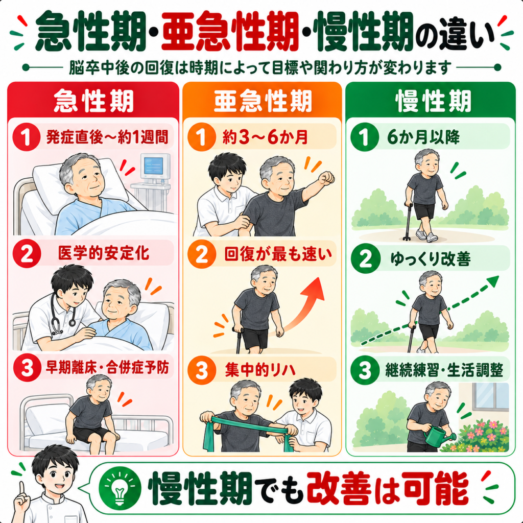 脳卒中後の急性期・亜急性期・慢性期における回復の特徴とリハビリ目標を比較したイラスト図解