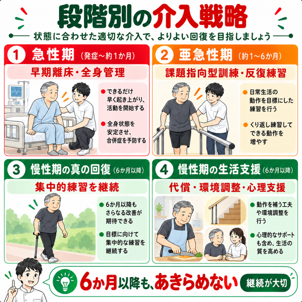 脳卒中後の急性期の早期離床、亜急性期の課題指向型訓練、慢性期の反復練習と生活支援を比較した図解