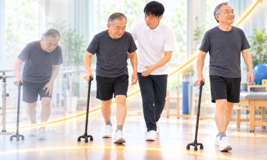 脳卒中後の機能回復曲線をイメージした画像。杖歩行からセラピストの介助による歩行訓練、自立歩行に向けた改善過程を上昇曲線で表現