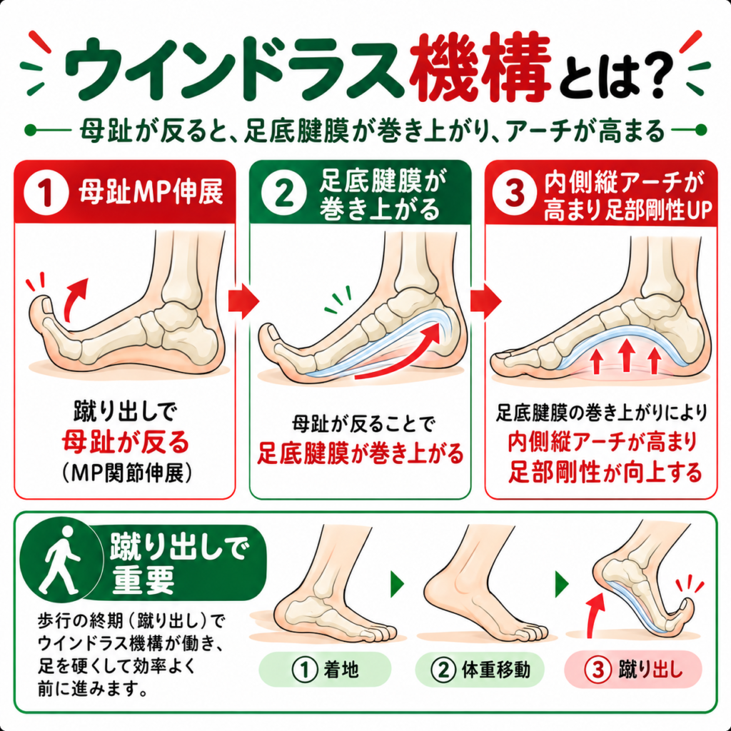 ウインドラス機構とは?母趾MP関節伸展による足底腱膜の巻き上げと内側縦アーチ形成の仕組み
