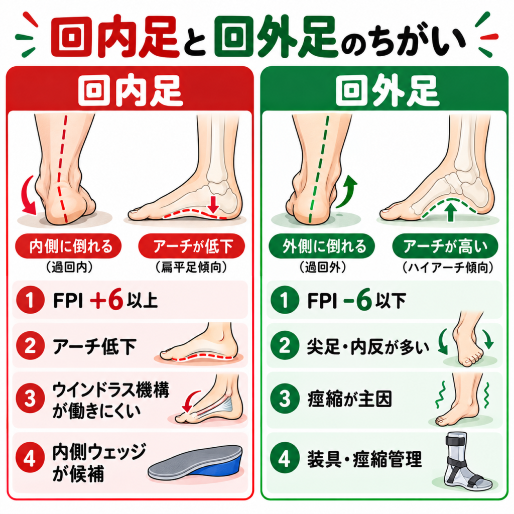 回内足と回外足の違いを比較|足部アーチの高さ・FPIスコア・痙縮・インソールと装具による対応