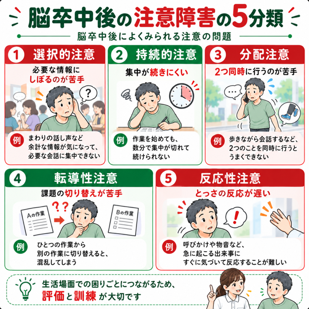 脳卒中後の注意障害を選択的注意・持続的注意・分配注意・転導性注意・反応性注意の5種類に分類し、症状と日常生活への影響を解説した図解。