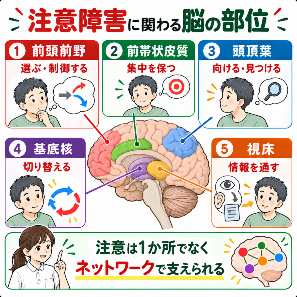 注意障害に関係する前頭前野・前帯状皮質・頭頂葉・基底核・視床の位置と、それぞれの注意機能における役割を示した脳の解剖図。