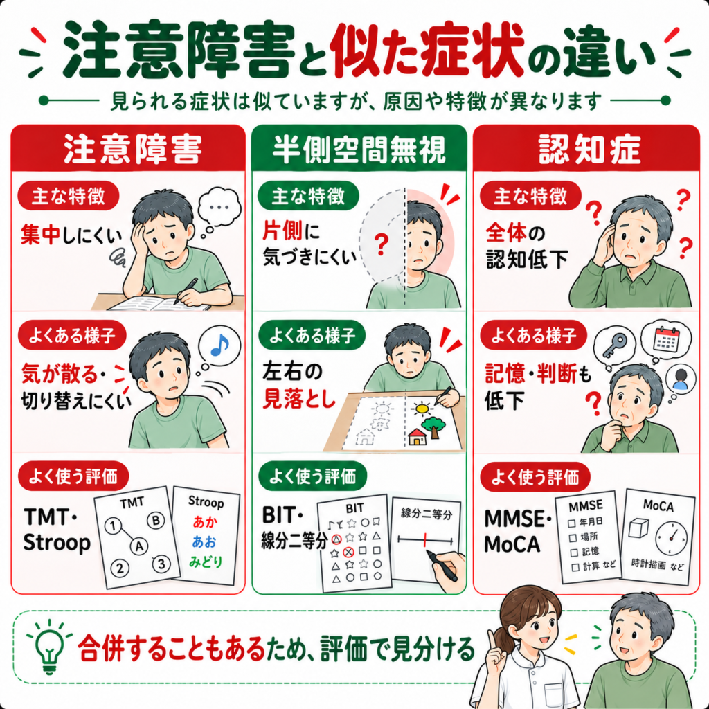 脳卒中後の注意障害・半側空間無視・認知症の違いを、主な症状・日常生活での特徴・TMTやBITなどの評価方法から比較した図解。