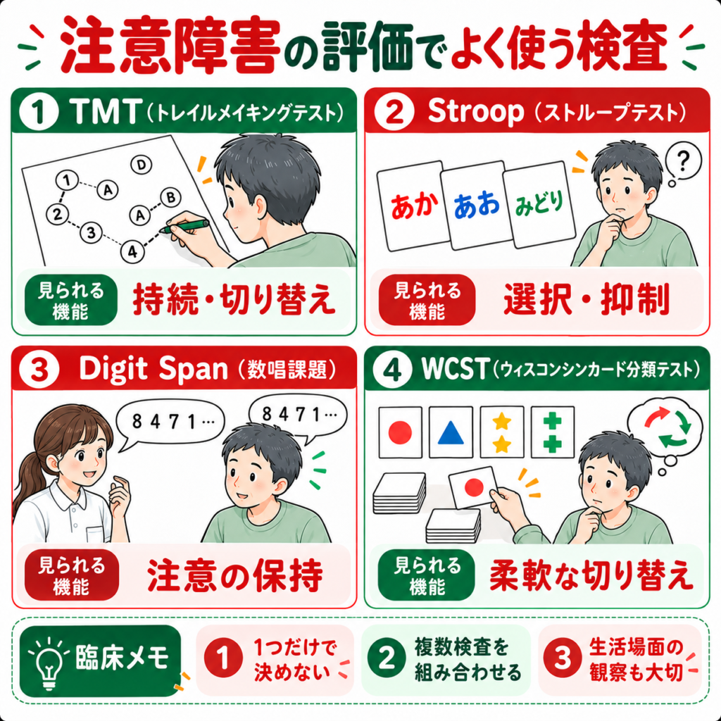 注意障害の評価に使用するTMT・ストループテスト・Digit Span・WCSTの実施例と、持続的注意・選択的注意・注意の切り替えなどの評価項目を示した図解。